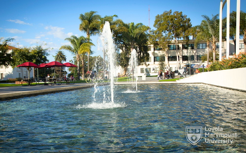 Campus shot of Foley Fountain on campus